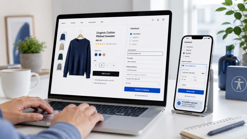 E-commerce accessibile con percorso di acquisto e checkout da desktop e smartphone
