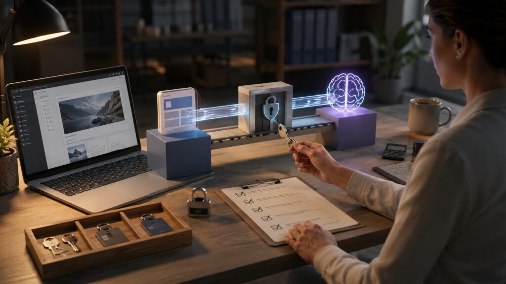 Professionista governa un flusso tra WordPress, sicurezza e intelligenza artificiale rappresentato da blocchi connessi.