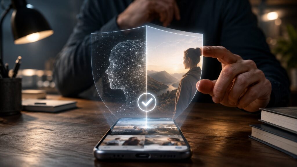 Professionista verifica sullo smartphone un contenuto social che confronta un volto digitale e una persona reale.