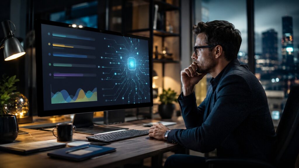 Specialista osserva una checklist di configurazione e un nucleo di intelligenza artificiale sul monitor.