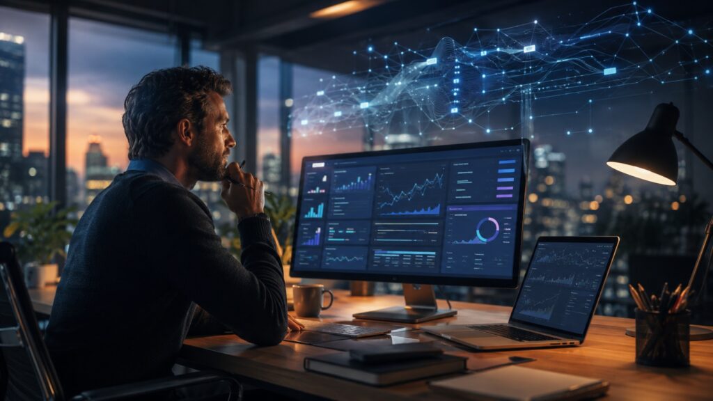 Specialista analizza una dashboard Google Ads mentre una rete di dati automatizzati si sviluppa sopra il monitor.