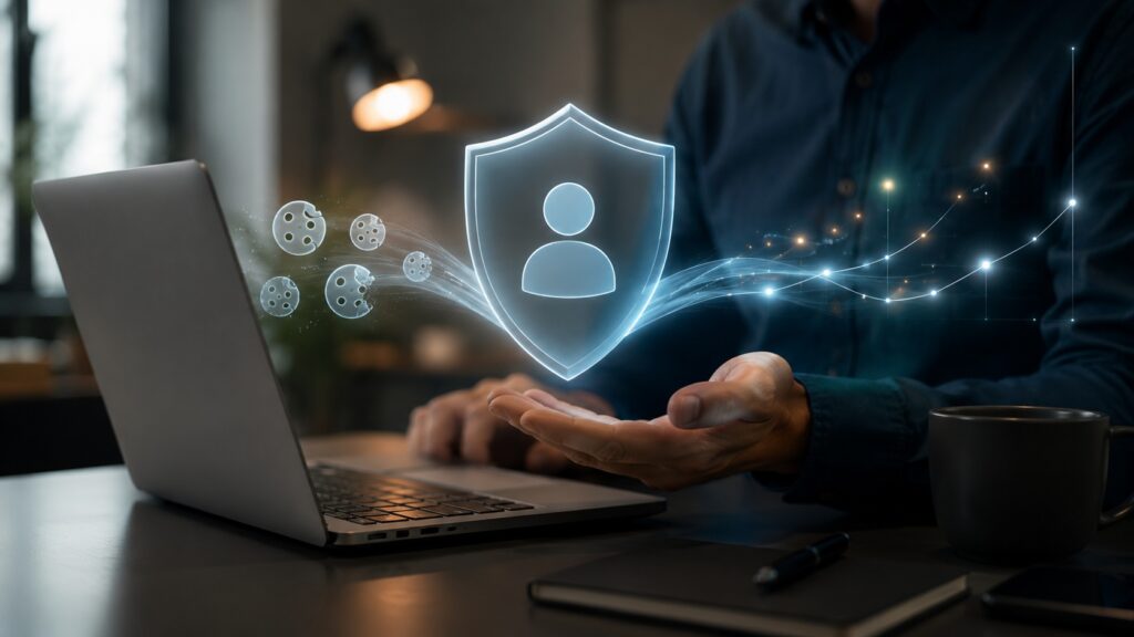 Professionista gestisce dati, cookie e misurazione protetti da uno scudo digitale dedicato al consenso.
