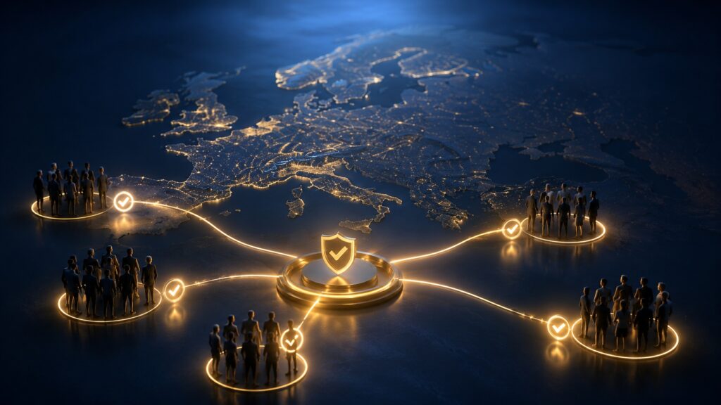Gruppi di pubblico in Europa sono collegati a un sistema centrale di consenso con verifiche di sicurezza.