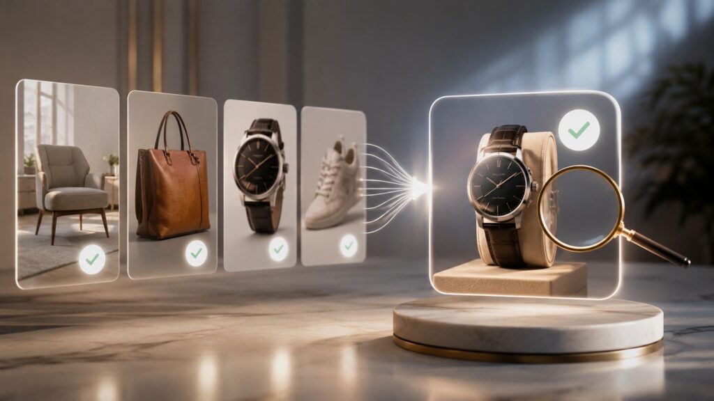 Schede di diversi prodotti convergono su un orologio verificato e controllato con una lente.