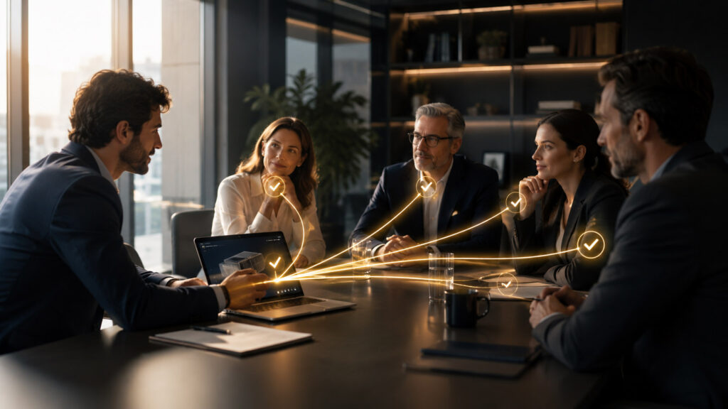 Professionista che presenta una proposta commerciale agli stakeholder durante una riunione B2B