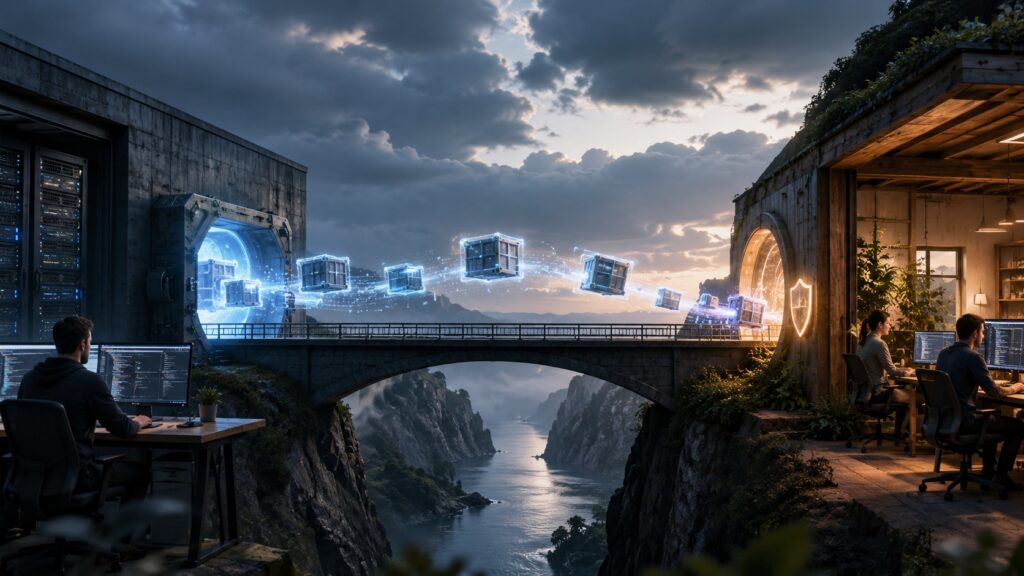 Blocchi di dati attraversano un ponte protetto durante la migrazione tra due sistemi software.