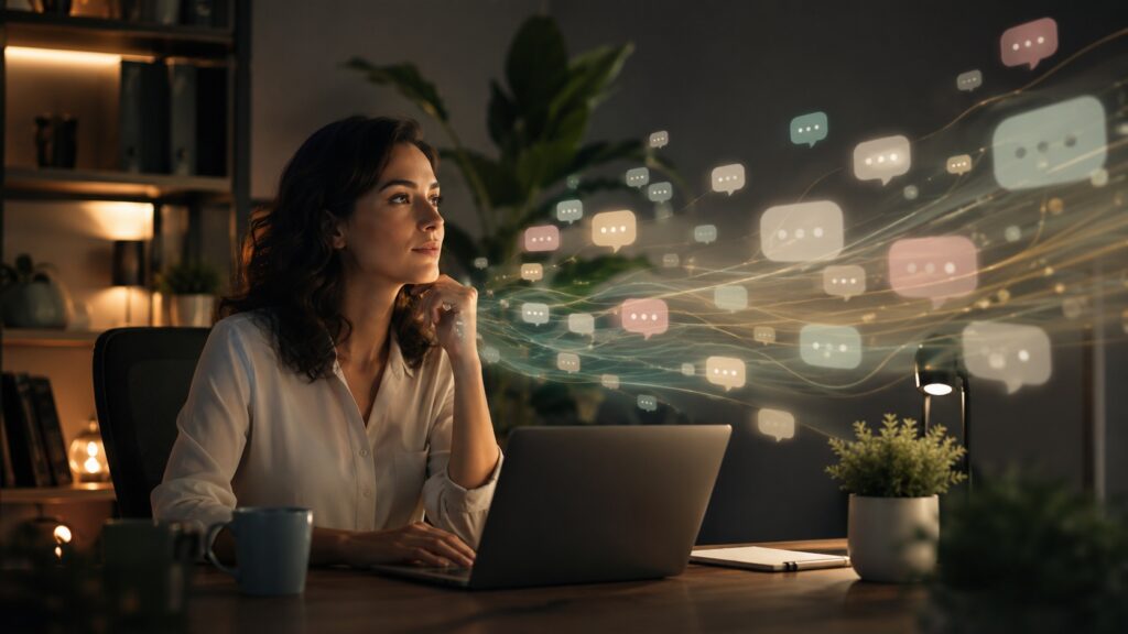 Community manager osserva un flusso di commenti e messaggi social da moderare sul laptop.