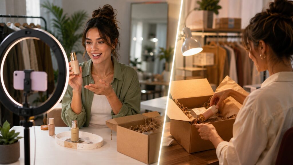 Creator presenta un cosmetico in video e prepara il prodotto ordinato per la spedizione.