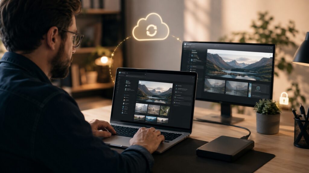 Sviluppatore sincronizza un sito WordPress tra ambiente di staging, backup cloud e sito live.