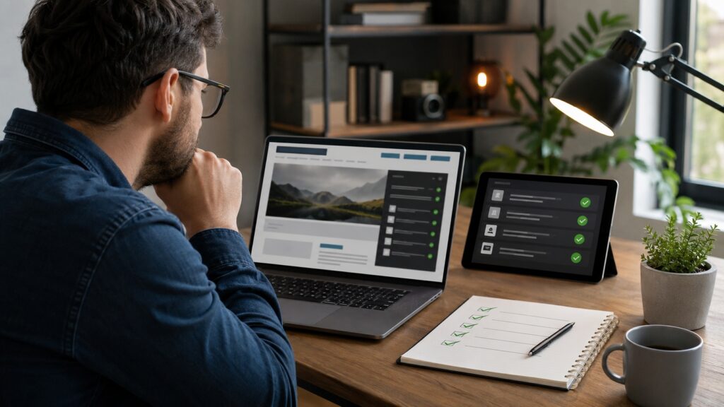 Sviluppatore verifica su laptop e tablet una checklist di compatibilità per plugin e tema WordPress.