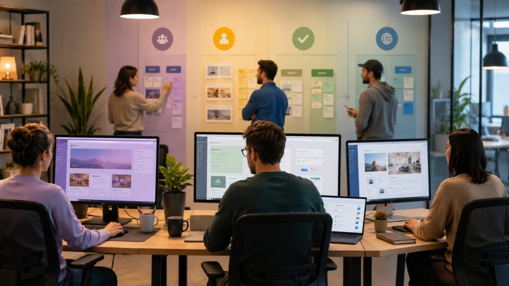 Team progetta ruoli e flussi di lavoro mentre usa una nuova interfaccia di amministrazione WordPress.