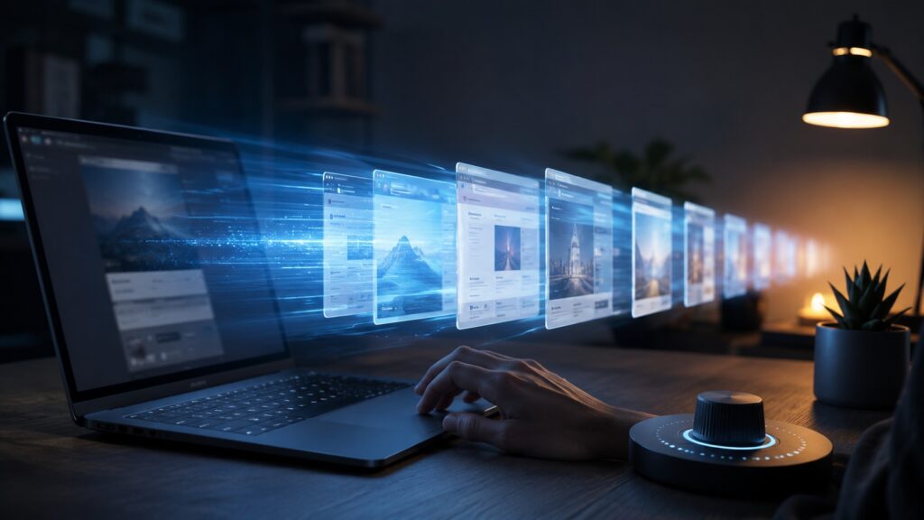 Pagine web vengono precaricate in sequenza da un laptop per simulare il caricamento speculativo di WordPress.