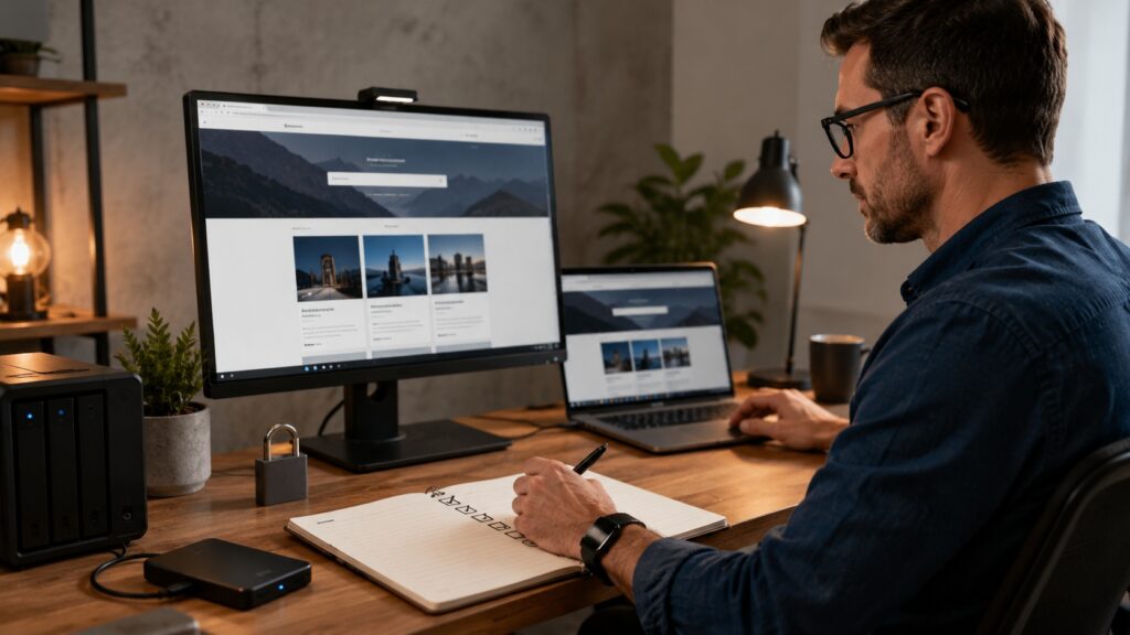 Sviluppatore davanti a un sito WordPress compila una checklist di aggiornamento e sicurezza.