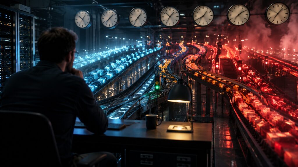 Tecnico controlla code di processi blu e rossi sotto una serie di orologi in una sala server.