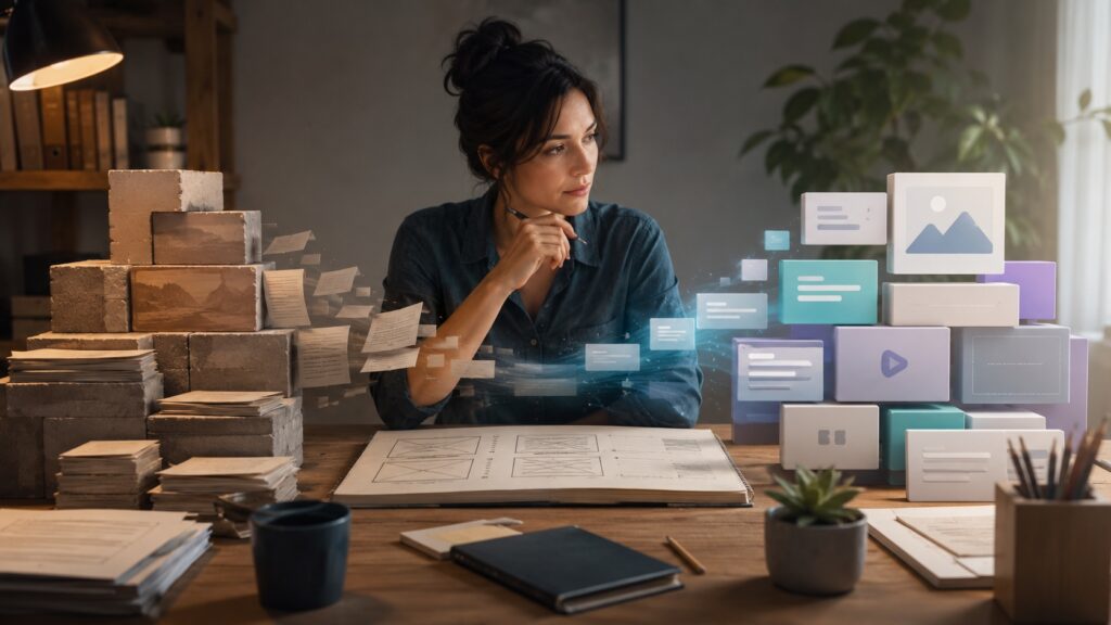 Professionista pianifica il passaggio da contenuti cartacei ai blocchi modulari di WordPress.