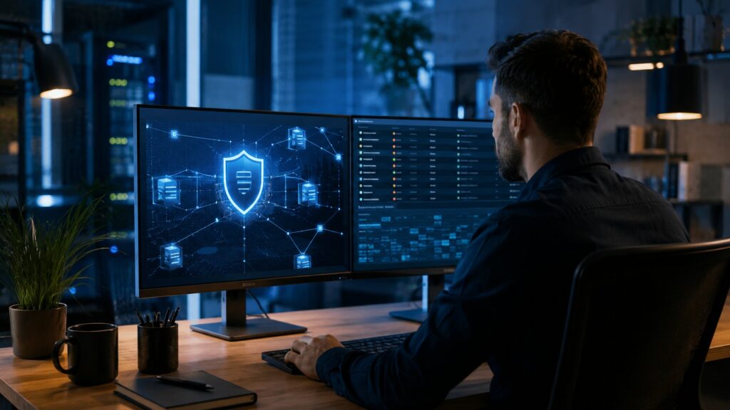 Tecnico monitora su due schermi una rete di server WordPress protetta da uno scudo digitale.