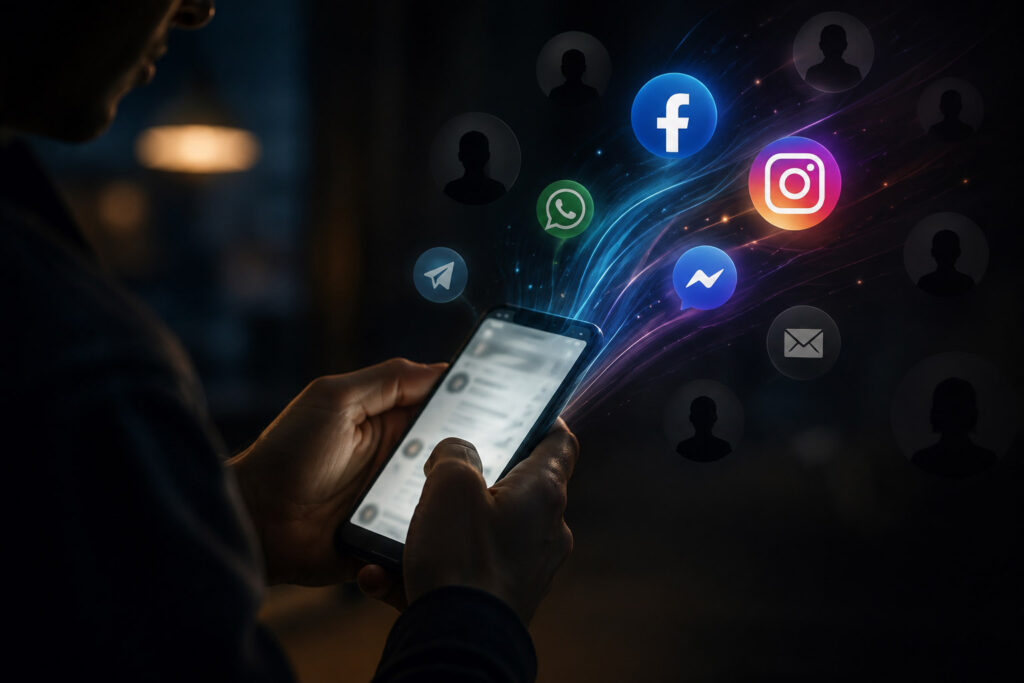 Persona che utilizza uno smartphone con icone social e di messaggistica, rappresentazione del dark social e delle condivisioni private