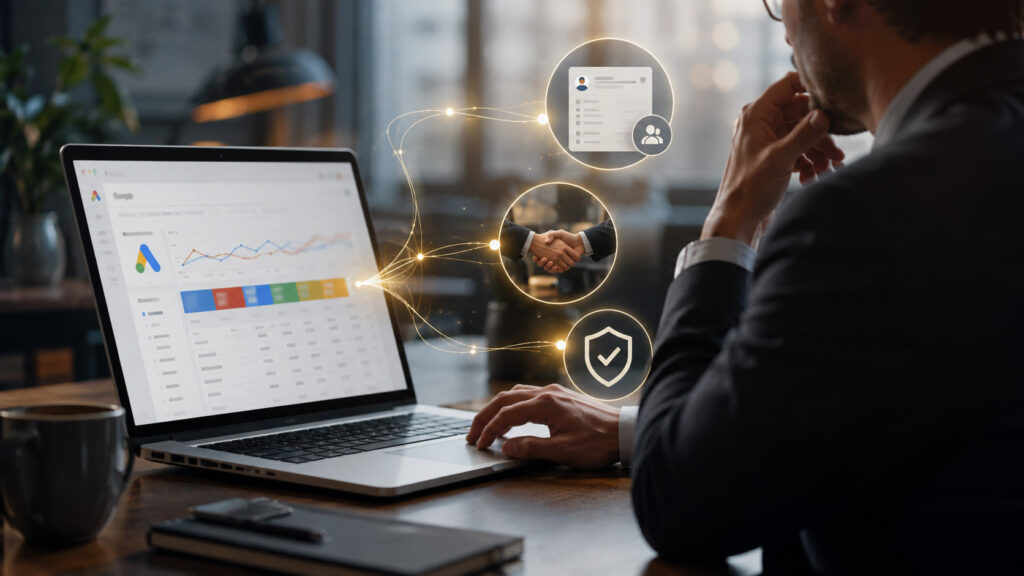 Professionista al computer con dashboard Google Ads e collegamenti tra CRM, vendite e gestione del consenso