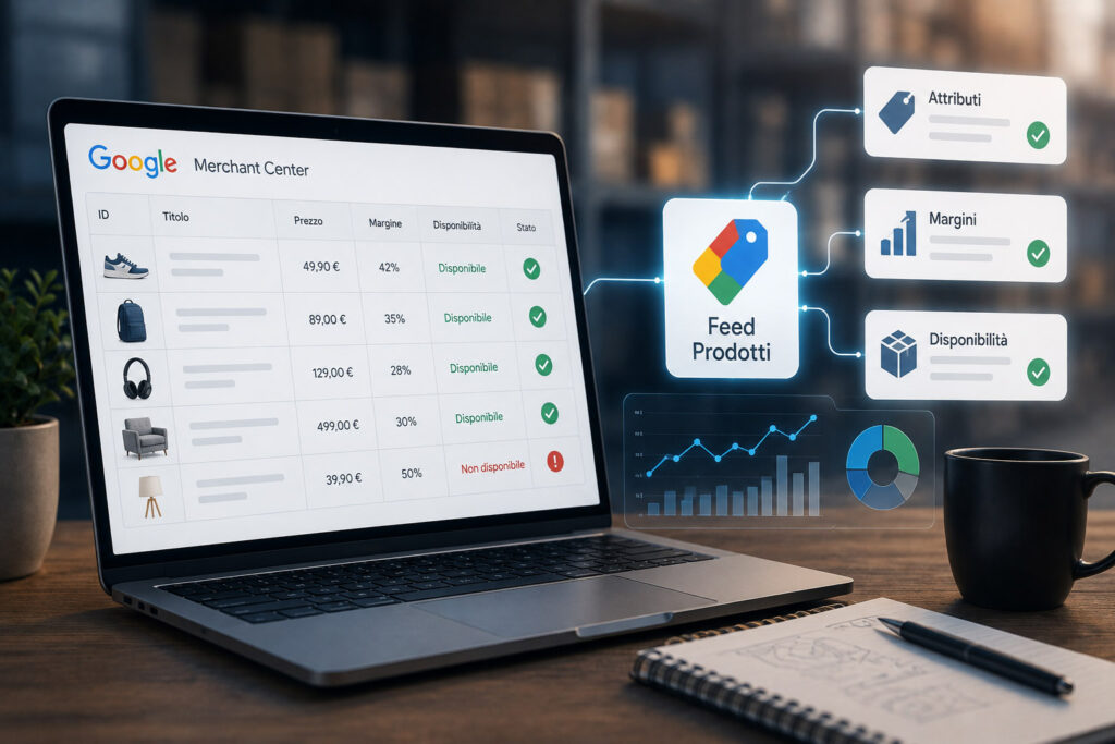 Dashboard e-commerce con feed prodotti Google, attributi, margini e disponibilità dei prodotti