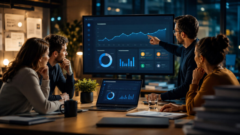 Team di lavoro osserva una dashboard di analisi dati durante una riunione, rappresentando l’uso di GA4 per supportare decisioni non tecniche